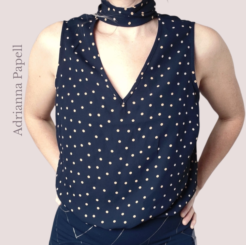 Adrianna Papell Sleeveless Polka Dot Tie Neck Blouse